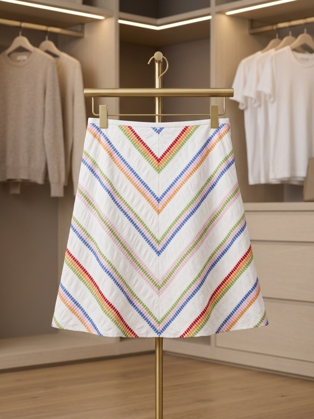 Talbots Vintage Y2K Rainbow Chevron Embroidered Skirt White A-Line Size 12P⁠